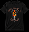 Black t-shirt with 'Torch Sports Academy' design featuring a flaming basketball and hoop.
