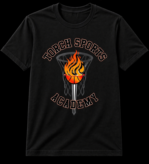 Black t-shirt with 'Torch Sports Academy' design featuring a flaming basketball and hoop.