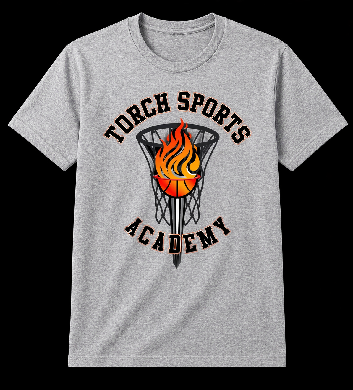 Gray t-shirt with 'Torch Sports Academy' design featuring a basketball and flames.