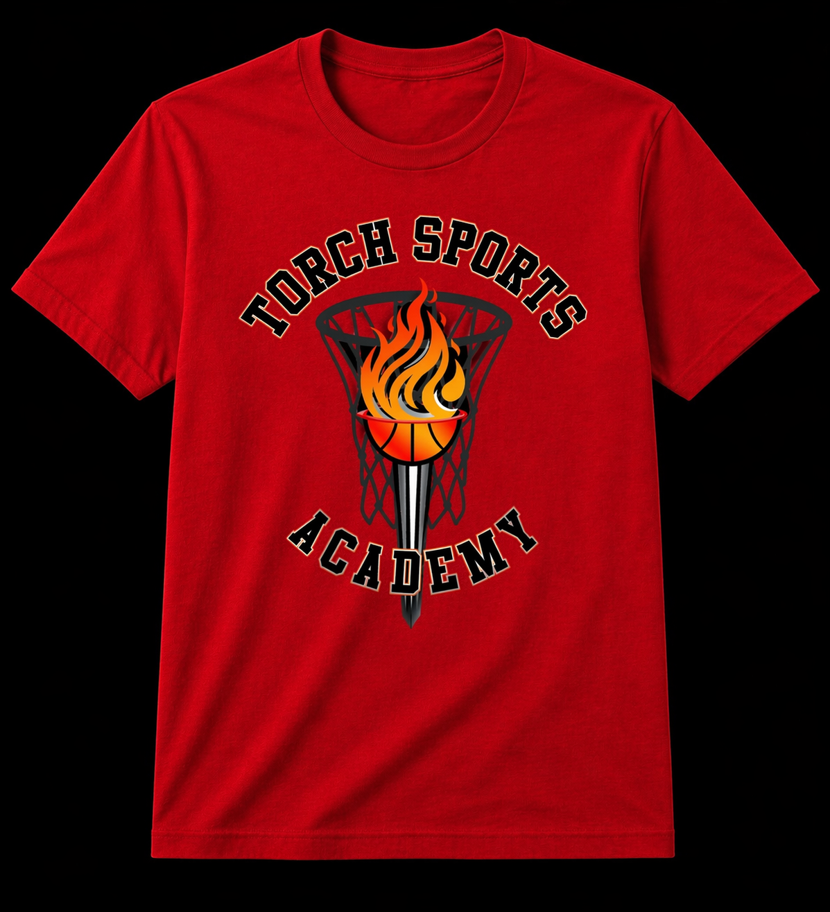 Red t-shirt with 'Torch Sports Academy' logo featuring a torch and basketball.