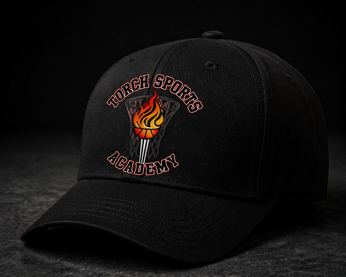 Black cap with 'Torch Sports Academy' logo on a dark background