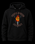 Black hoodie with 'Torch Sports Academy' design featuring a flame and dagger on a black background