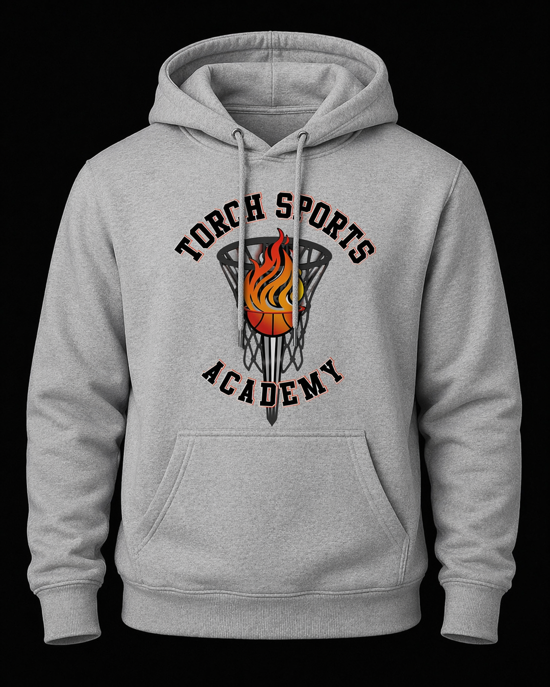 Gray hoodie with 'Torch Sports Academy' logo on a black background