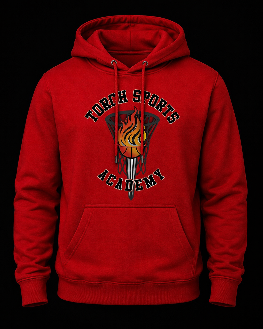 Red hoodie with 'Torch Sports Academy' logo on a black background