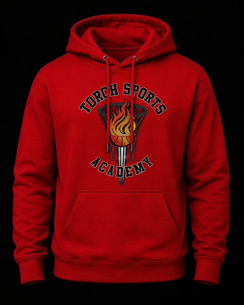 Red hoodie with 'Torch Sports Academy' logo on a black background