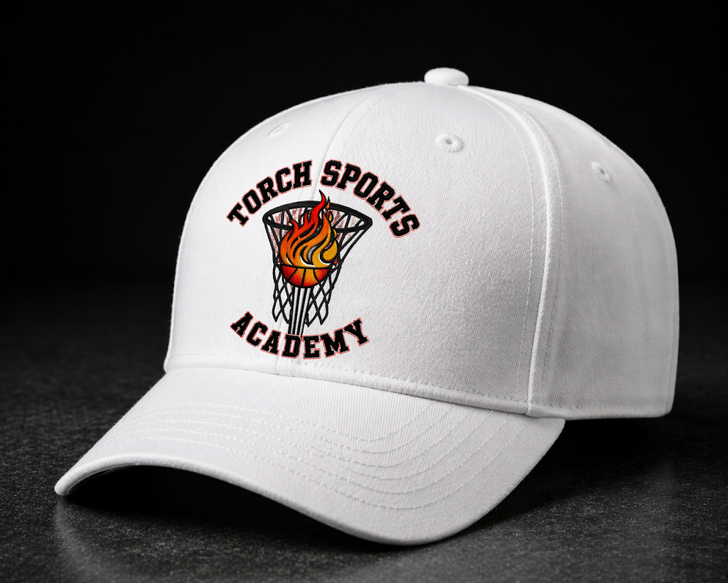 White cap with 'Torch Sports Academy' logo on a black background
