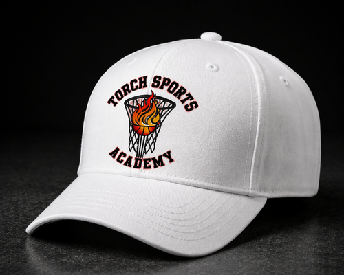 White cap with 'Torch Sports Academy' logo on a black background