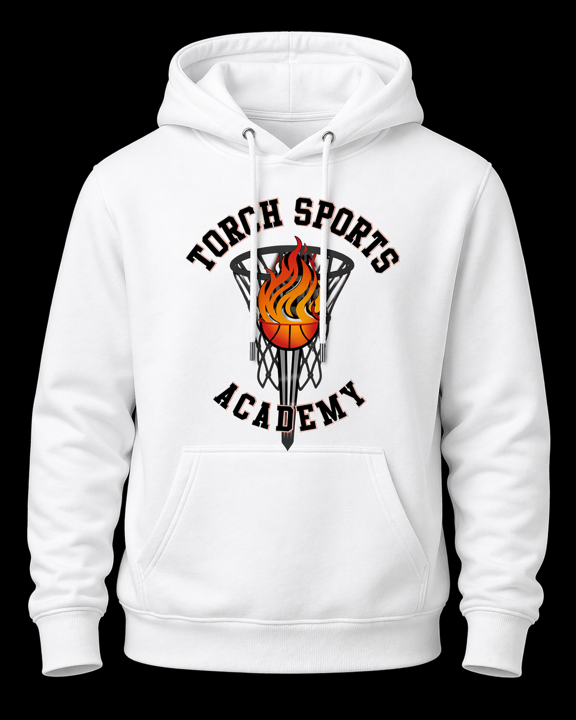 White hoodie with 'Torch Sports Academy' logo featuring a basketball and flames on a black background.