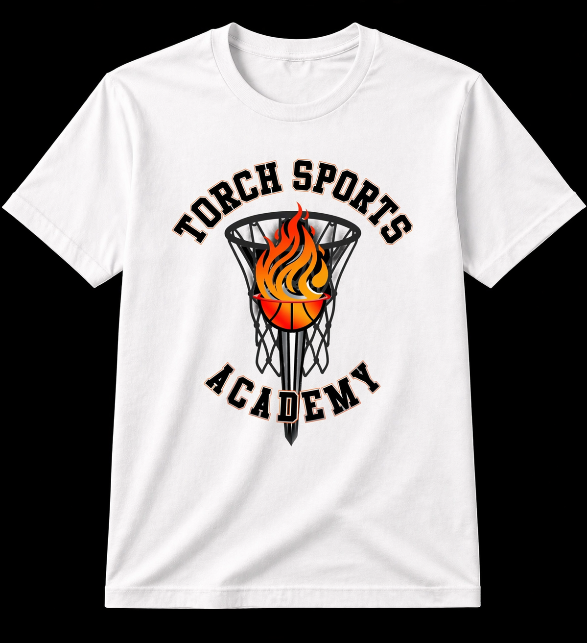 White t-shirt with 'Torch Sports Academy' design featuring a basketball and flaming hoop.