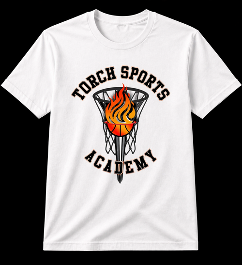 White t-shirt with 'Torch Sports Academy' design featuring a basketball and flaming hoop.