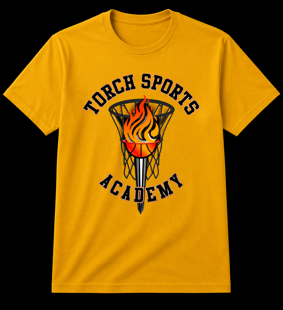Yellow t-shirt with 'Torch Sports Academy' graphic on a black background